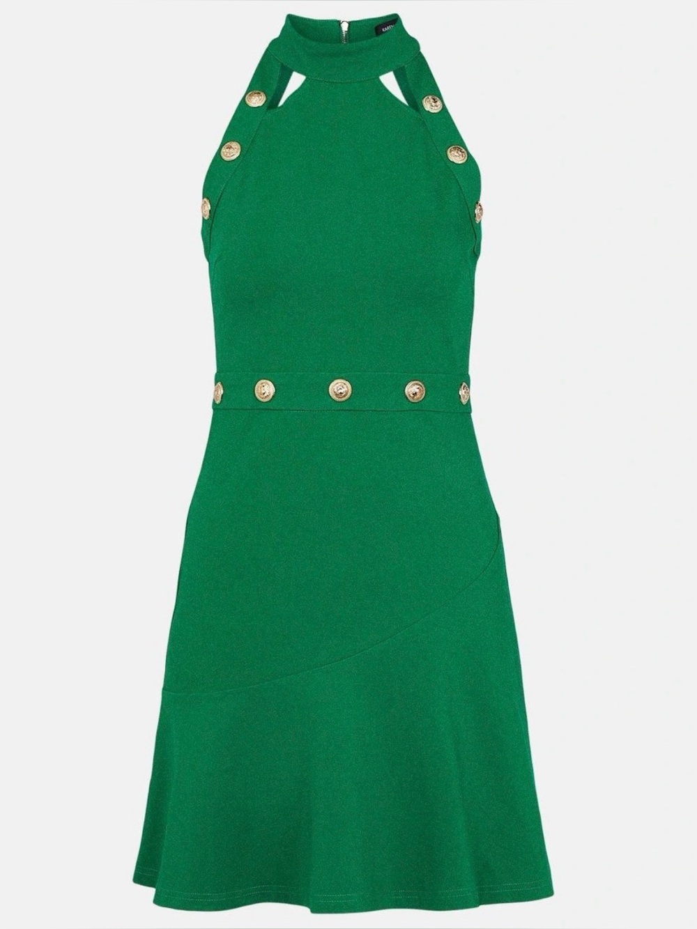 Karen Millen Dress Size 12 Button Neck Ponte Flippy Dress Green NEW With Tags